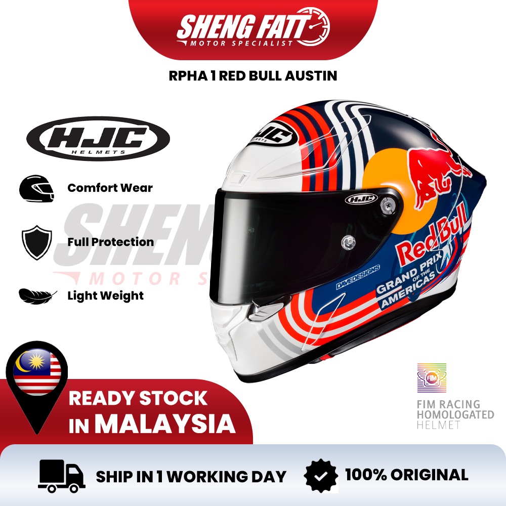 HJC RPHA 1 Red Bull Austin Full Face Helmet Motor Visor Topi Keledar ...