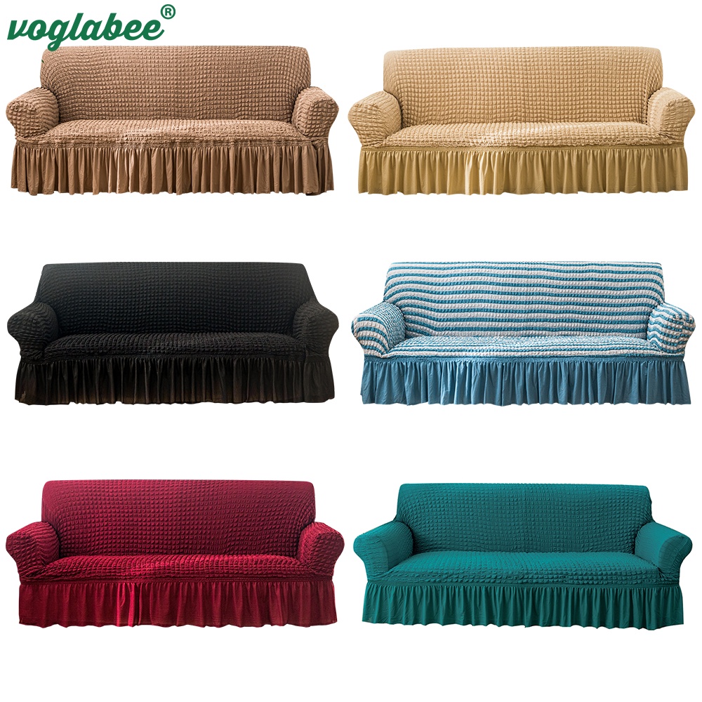 Thick Ruffled Seersucker Sofa Cover for Living Room Elastic L-shaped ...