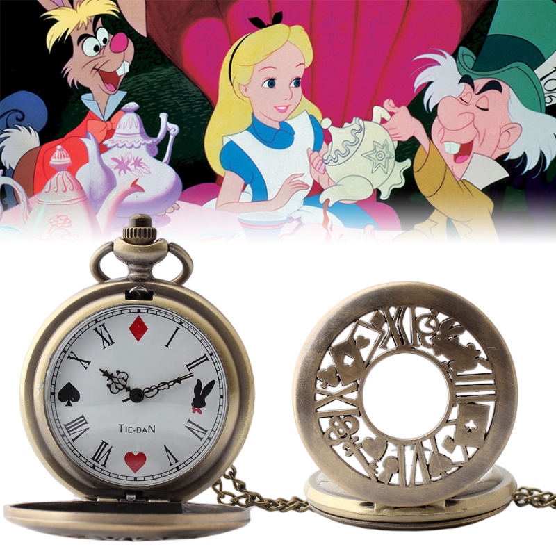 Alice Wonderland In Themed Pocket Watch Quartz Clock With Rabbit