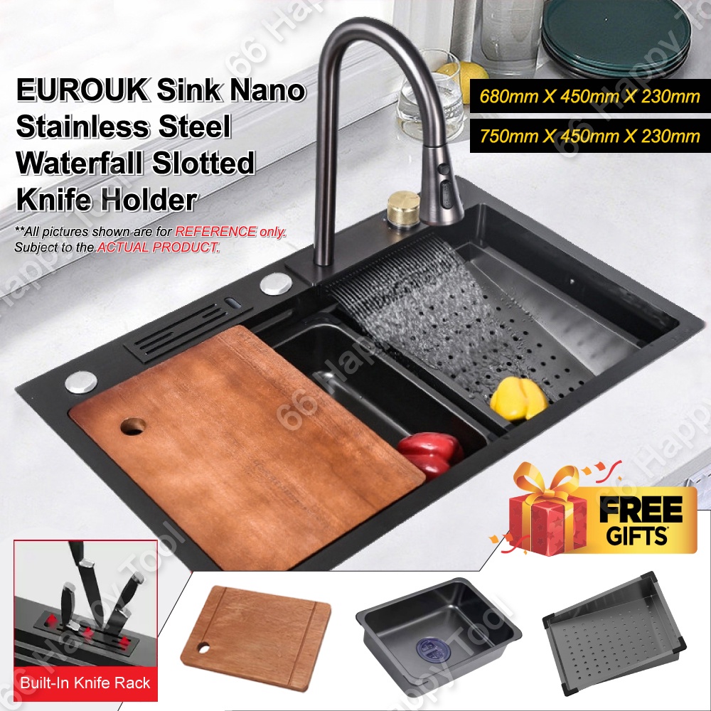 EUROUK Sink Nano 6845 7545 Stainless Steel Waterfall Slotted Undermount