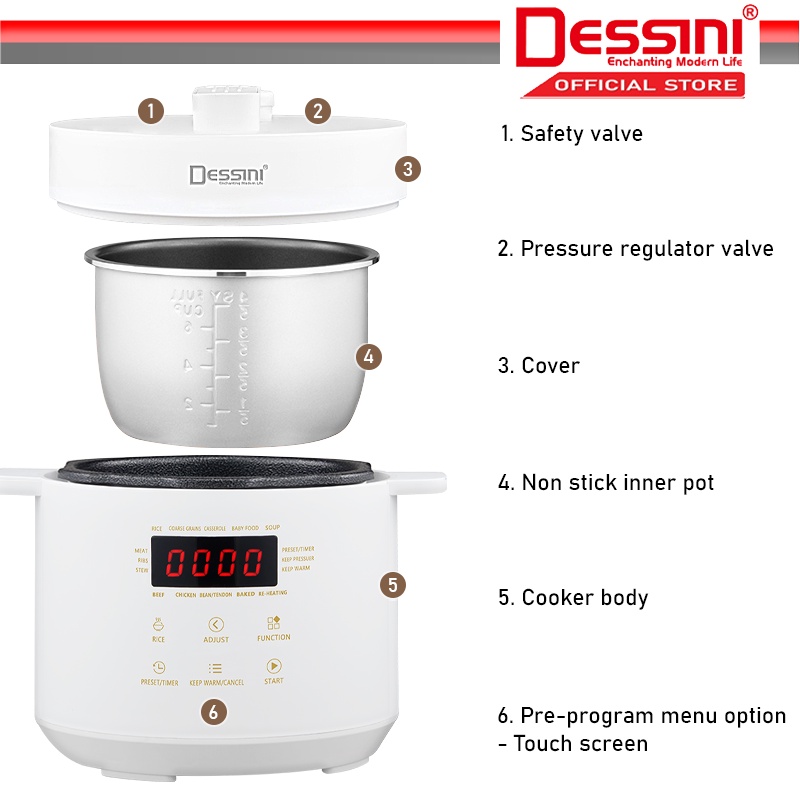 DESSINI ITALY Electric Digital 3L Pressure Cooker Non-stick Stainless ...