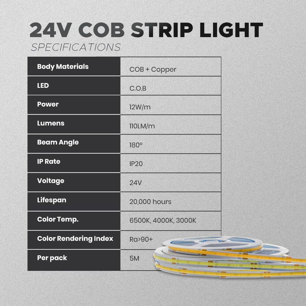DC 24V COB LED STRIP LIGHT 5M 320LED/M 8MM WIDTH FLEXIBLE STRIP LIGHT ...
