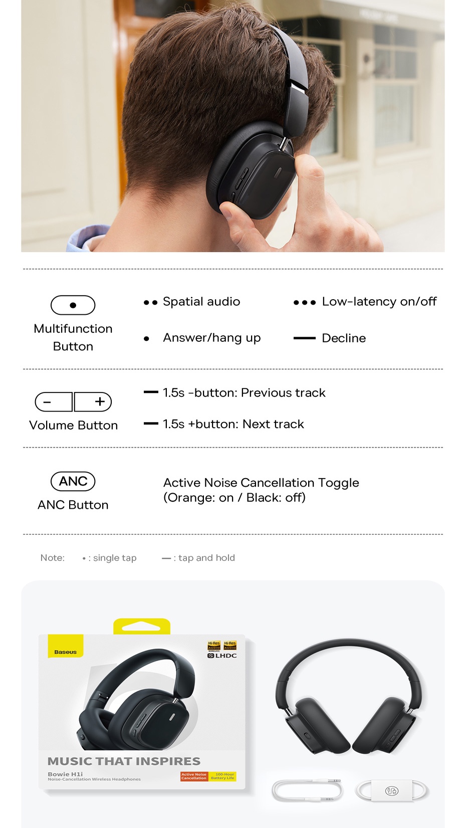 Baseus ANC Bowie H1i Wireless Headphone white 3.5mm audio Bluetooth 5.3 ...