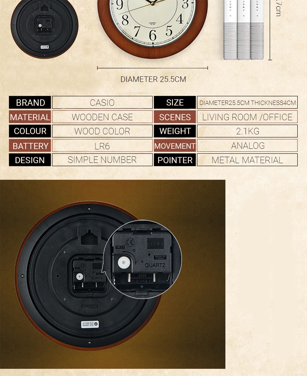 CASIO CLOCK IQ-126 Wall Clock Wood Grain Movement Silent Wall Clock ...