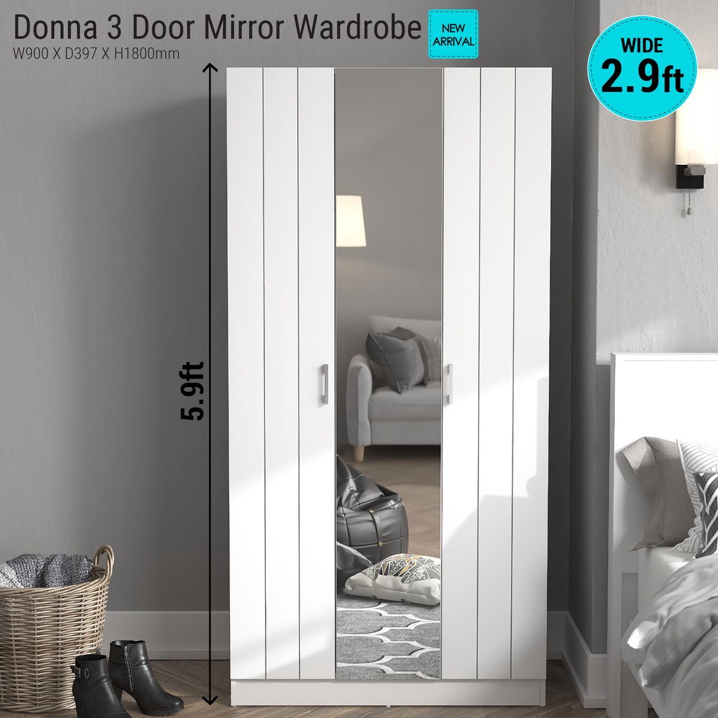 Synergy House Donna 3 Door Wardrobe Groove With Mirror - White/Grey (5 ...