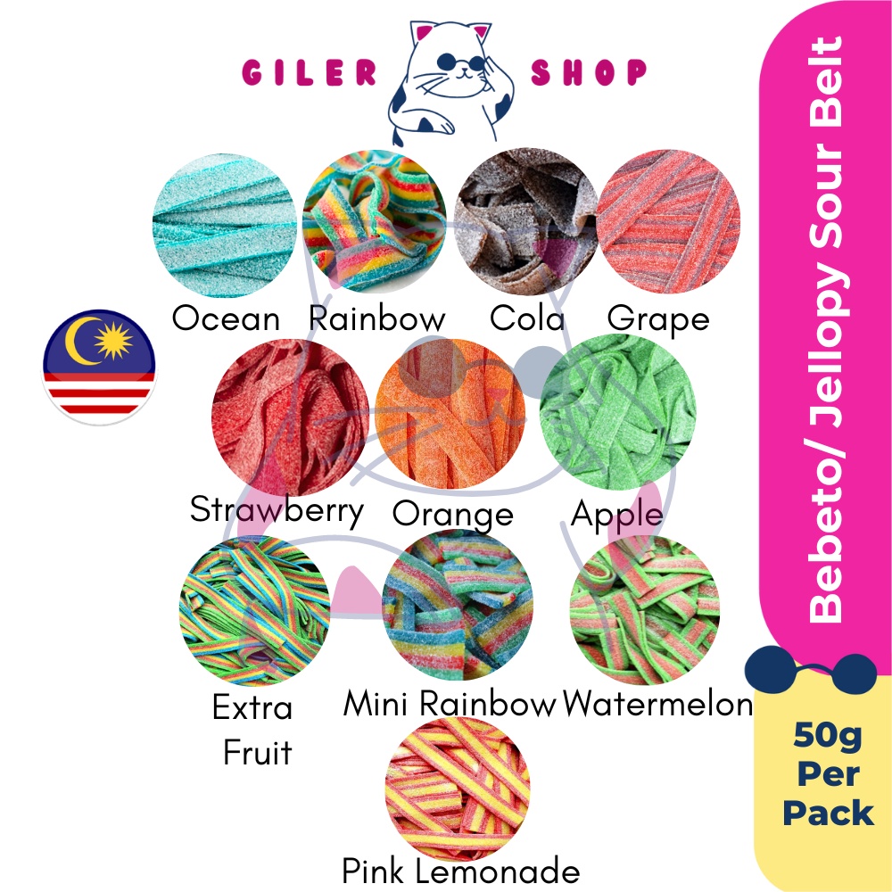 Halal Vegan Bebeto Jellopy Sour Belt Assorted Flavour 50g Shopee Malaysia
