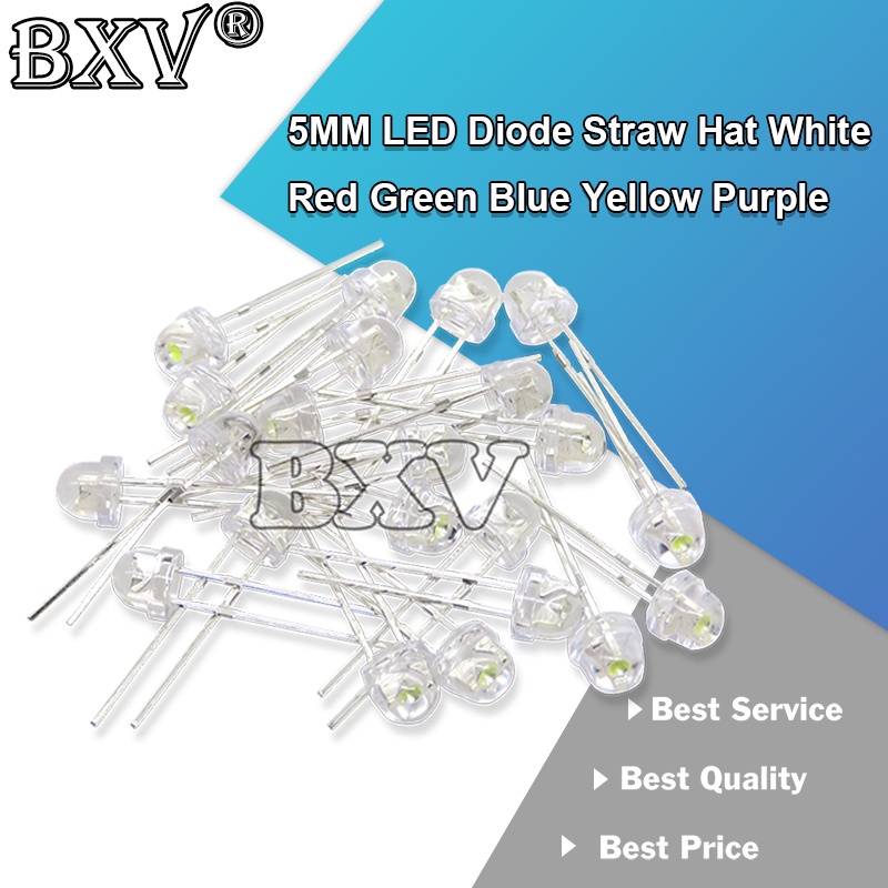 100PCS 5MM LED Diode Straw Hat White Red Green Blue Yellow Purple Light ...