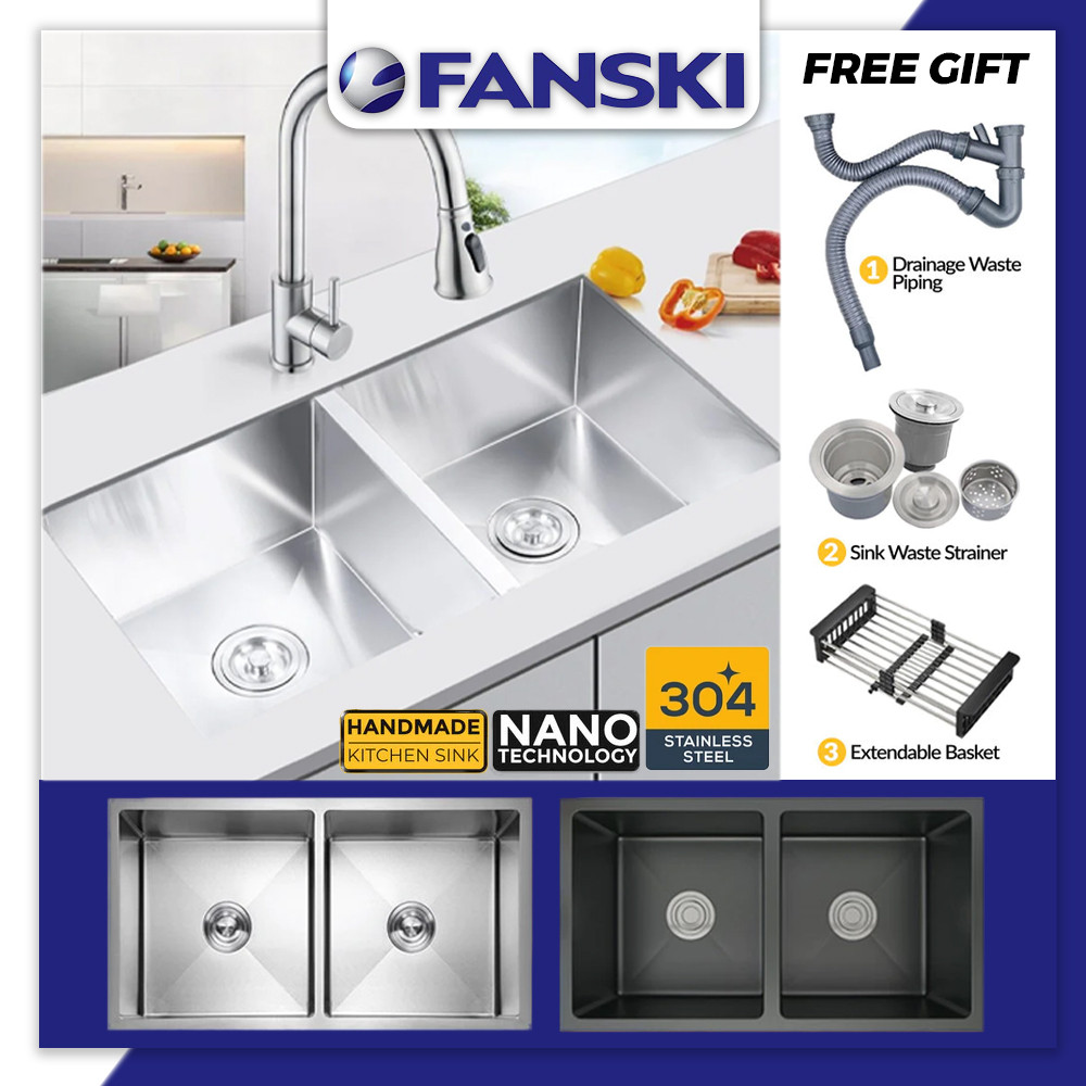 Double Sink SUS 304 Stainless Steel Home Kitchen Sink Sinki Dapur Nano ...