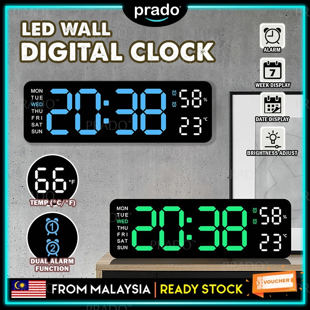 PRADO LED Digital Wall Clock USB Charge Large Display Date Time 12/24H ...