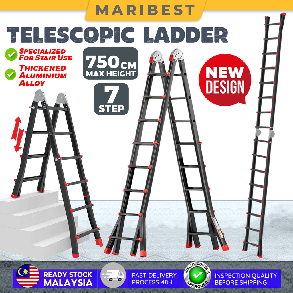 7 Step Black Transformable Telescopic Extendable Ladder Heavy Duty ...