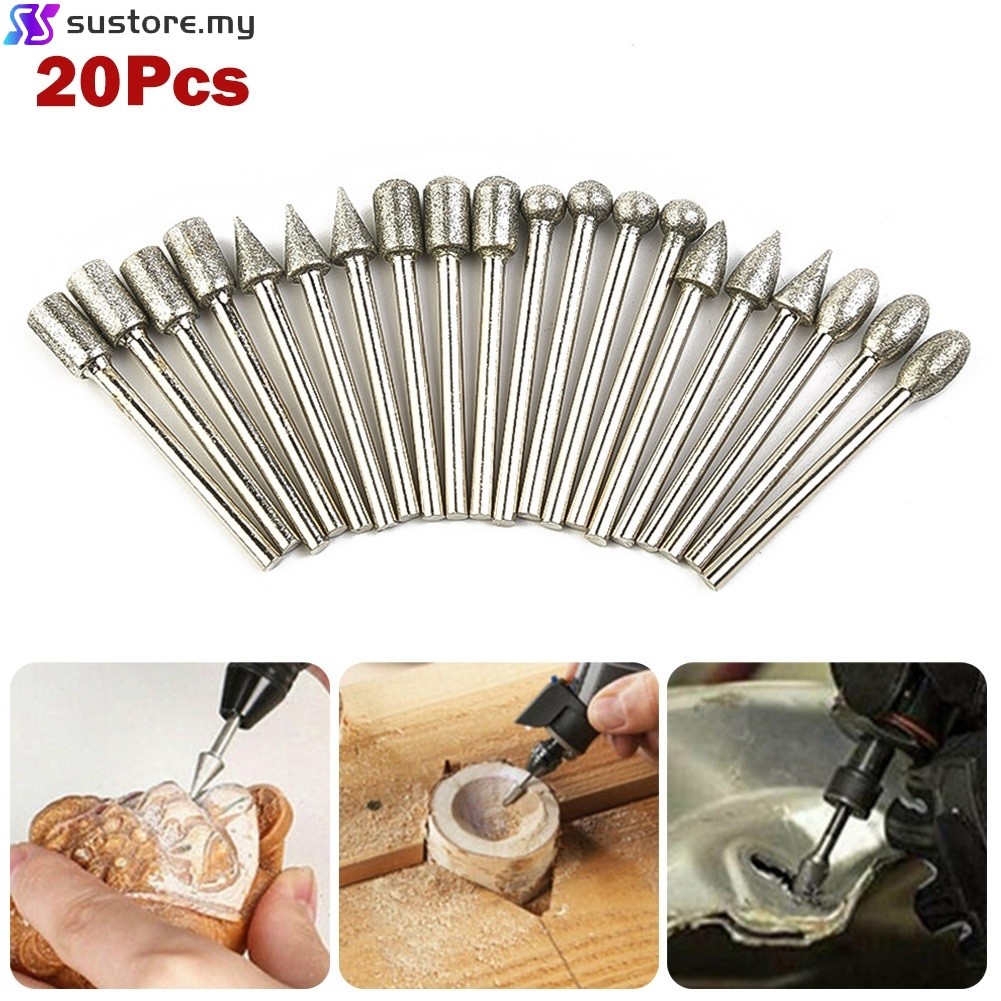 [Super] 20pcs 3mm Shank Diamond Burr Set Drill Bits for Rotary Tool ...