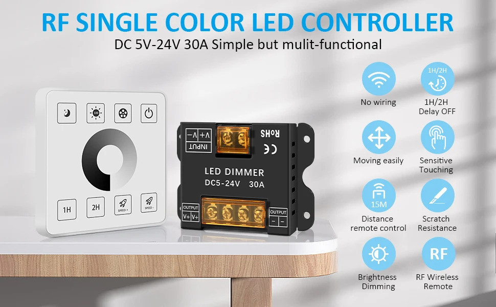 DC5V 12V 24V RF LED Dimmer 30A Wireless LED Controller 2.4G Touch Panel ...