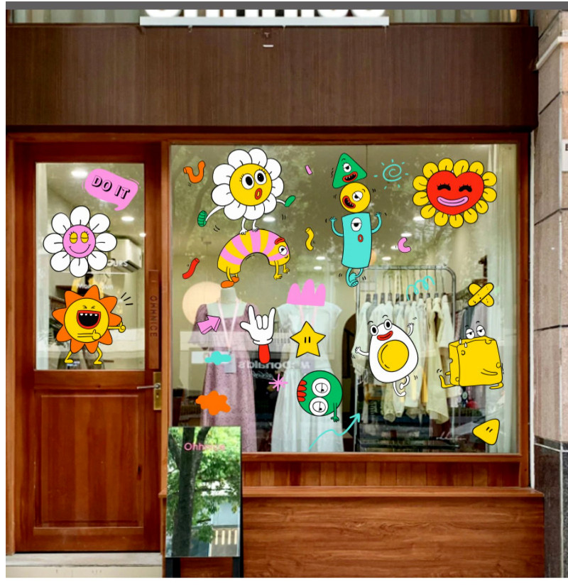 Ins Style Cartoon Hand-Painted Glass Electrostatic Stickers Shop Window ...