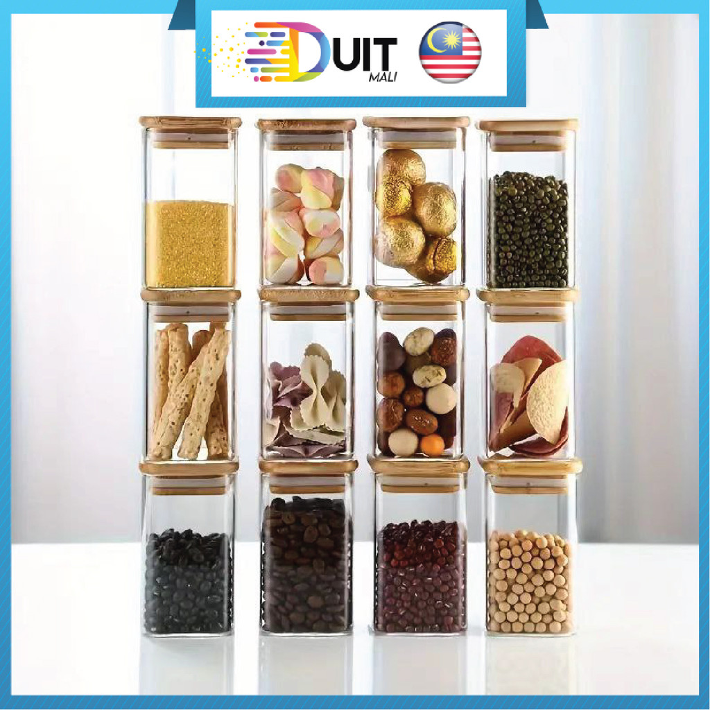 DM Bamboo Jar Set With Label 260ml Spices Food Storage Glass Jar Wood ...
