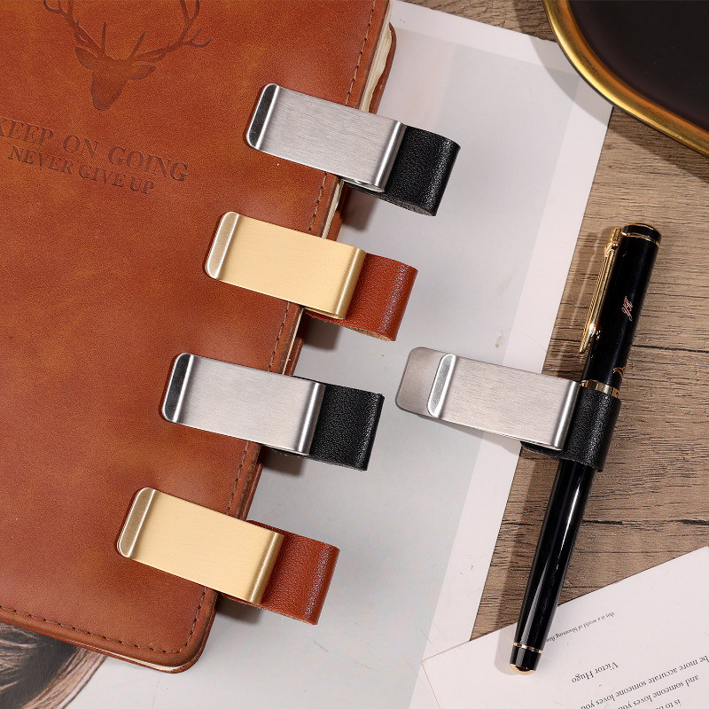 Journal Notebook Paper Folder - Pen Holder Clip - Leather Metal Pencil ...