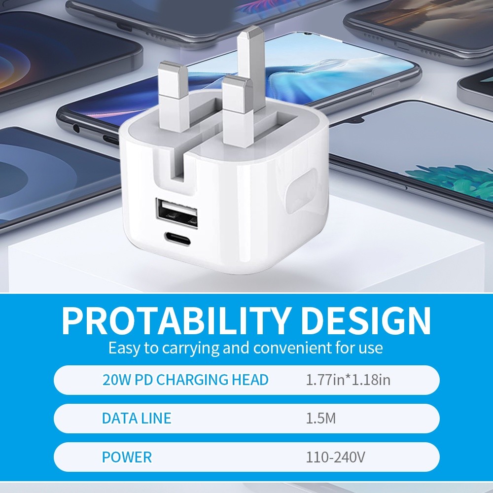 UK Fast Charging 20W USB-C Power Adapter for PD Cable Data Fast Charger ...