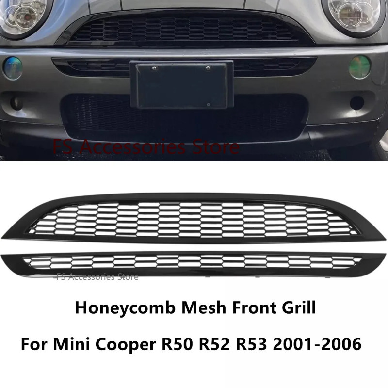 2PCS Glossy Black Front Upper & Lower Honeycomb Mesh Front Grill Grille ...