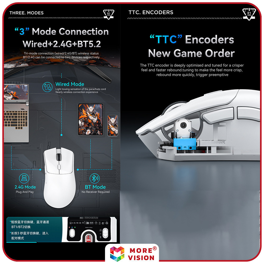 Attack Shark R1 Mouse Wireless 18000dpi Tri-mode Bluetooth USB 2.4G ...