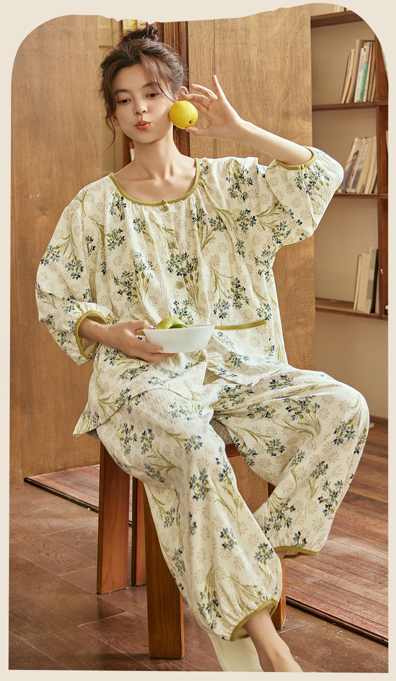 Padded Baju Tidur Pyjamas Women Cotton 3/4 Sleeves Pajamas set Summer ...