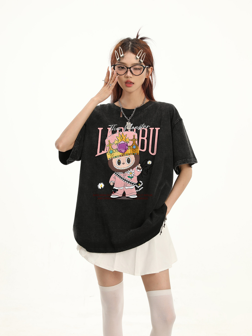 I005772 NUZIRO Washed Black Trendy Bulala Pattern Korean Style Loose ...