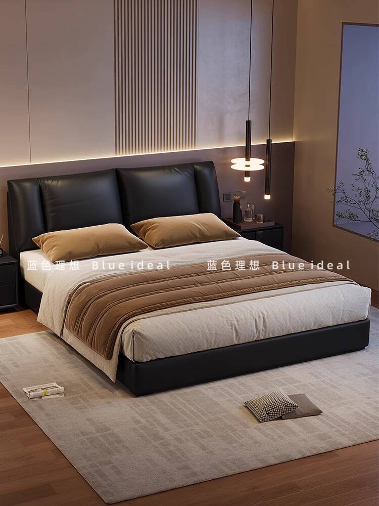 Genuine Ideal Leather Blue Sailboat JY Bed Italian Minimalist Double ...