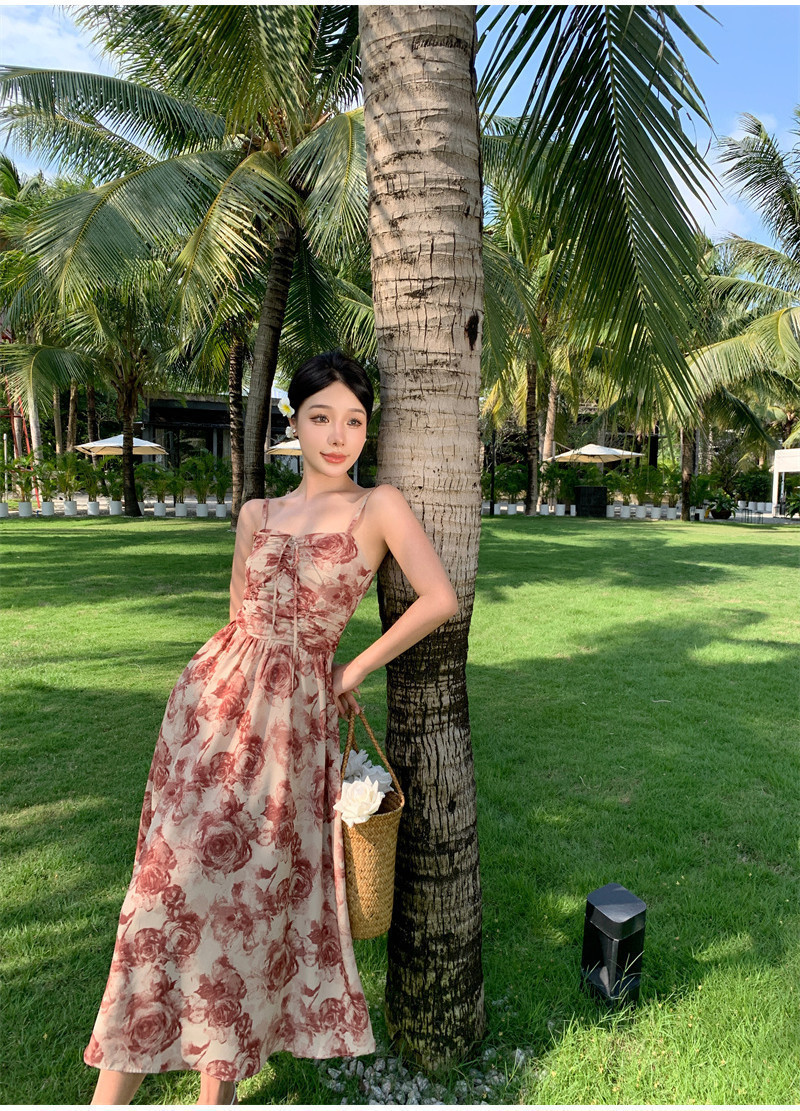 korean elegant red floral sleeveless backless dress for women plus size ...