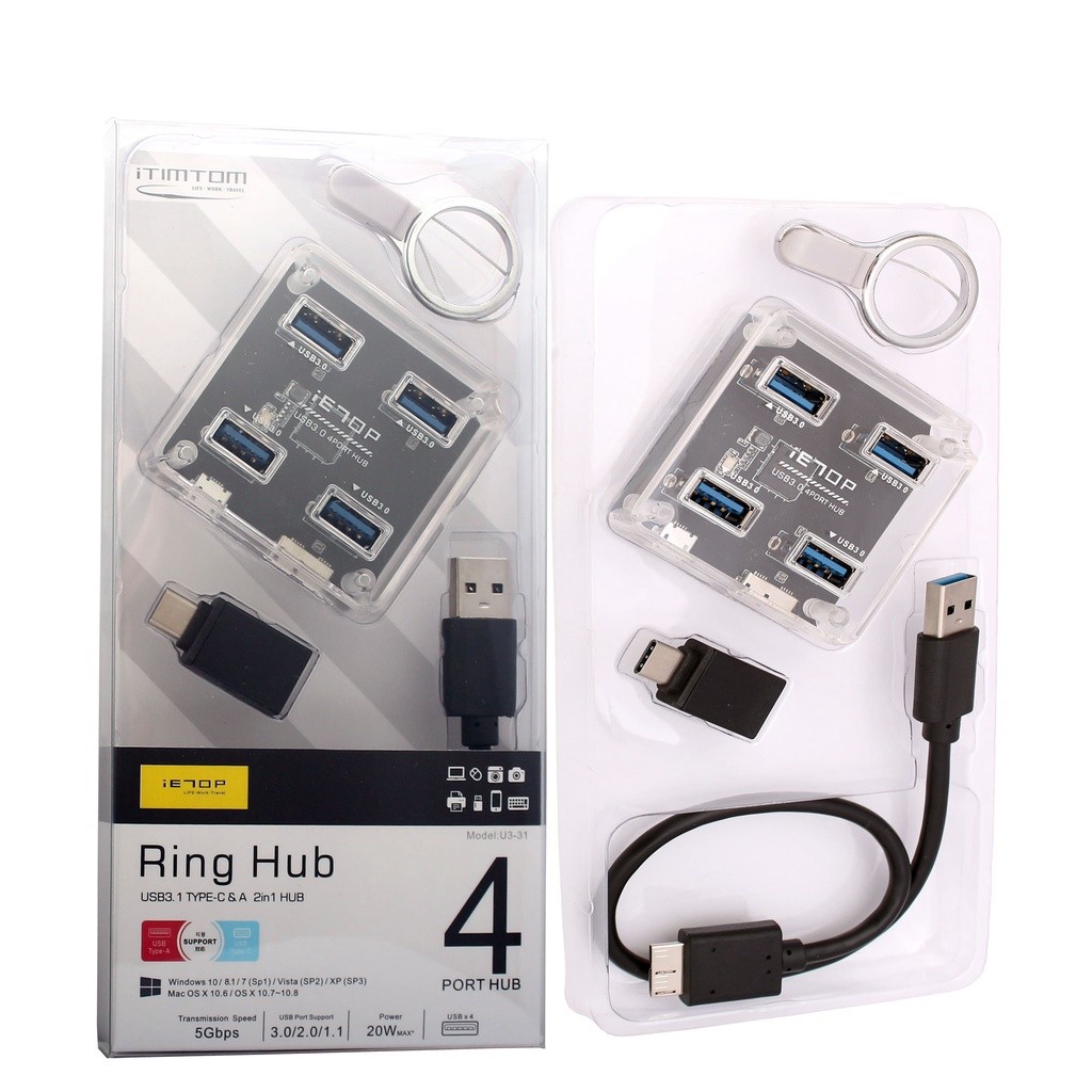 IETOP U3-31 USB Hub 4 Port Ring Type-C and USB 3.1 2 in 1 5Gbps Plug ...