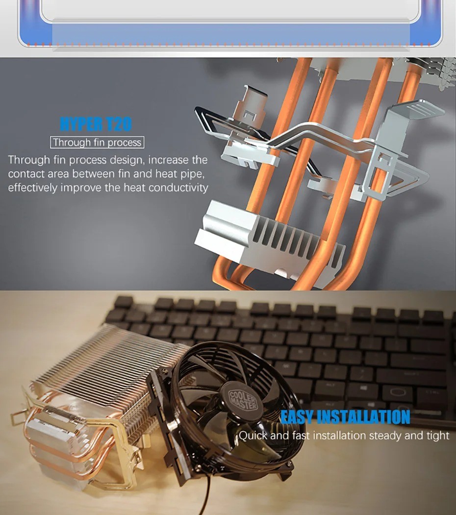Cooler Master T20 CPU Cooler 3Pin Quiet Cooling LED Fan 2 Heat Pipe ...