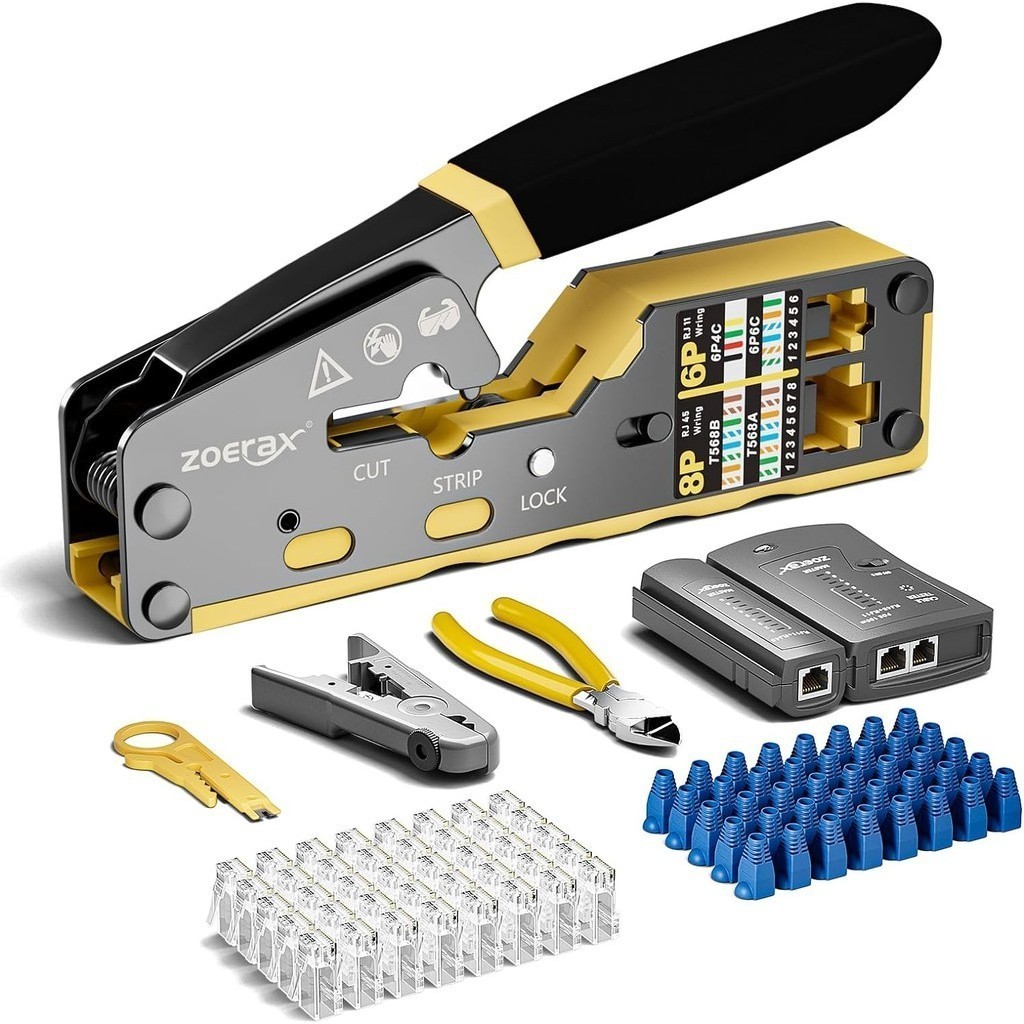 Zoerax RJ45 Crimp Tool Kit with Cable Tester, Multi Stripper, 50pcs ...