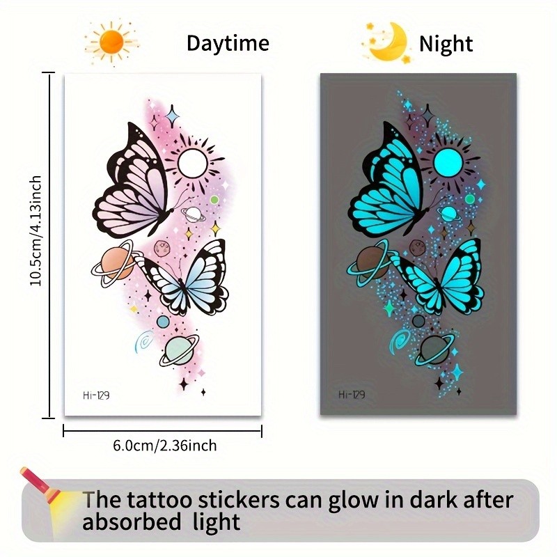 12 Sheets Butterfly Luminous Temporary Tattoo Blue Glow In The Dark 