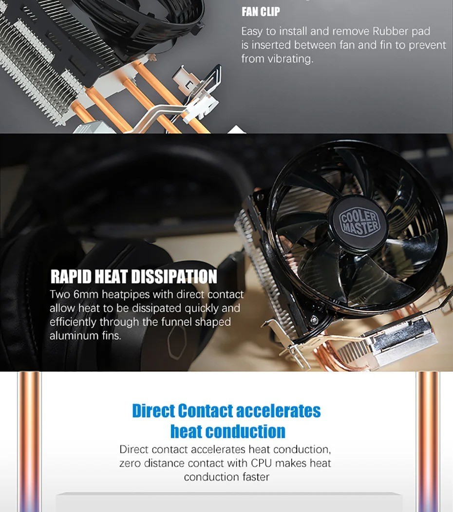 Cooler Master T20 CPU Cooler 3Pin Quiet Cooling LED Fan 2 Heat Pipe ...