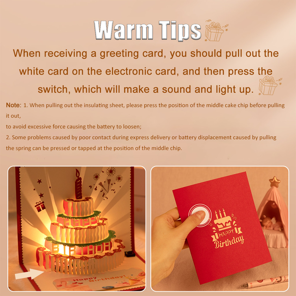 Music Birthday Card Pop Up 3D Cake Musical Light Greeting Card Creative ...