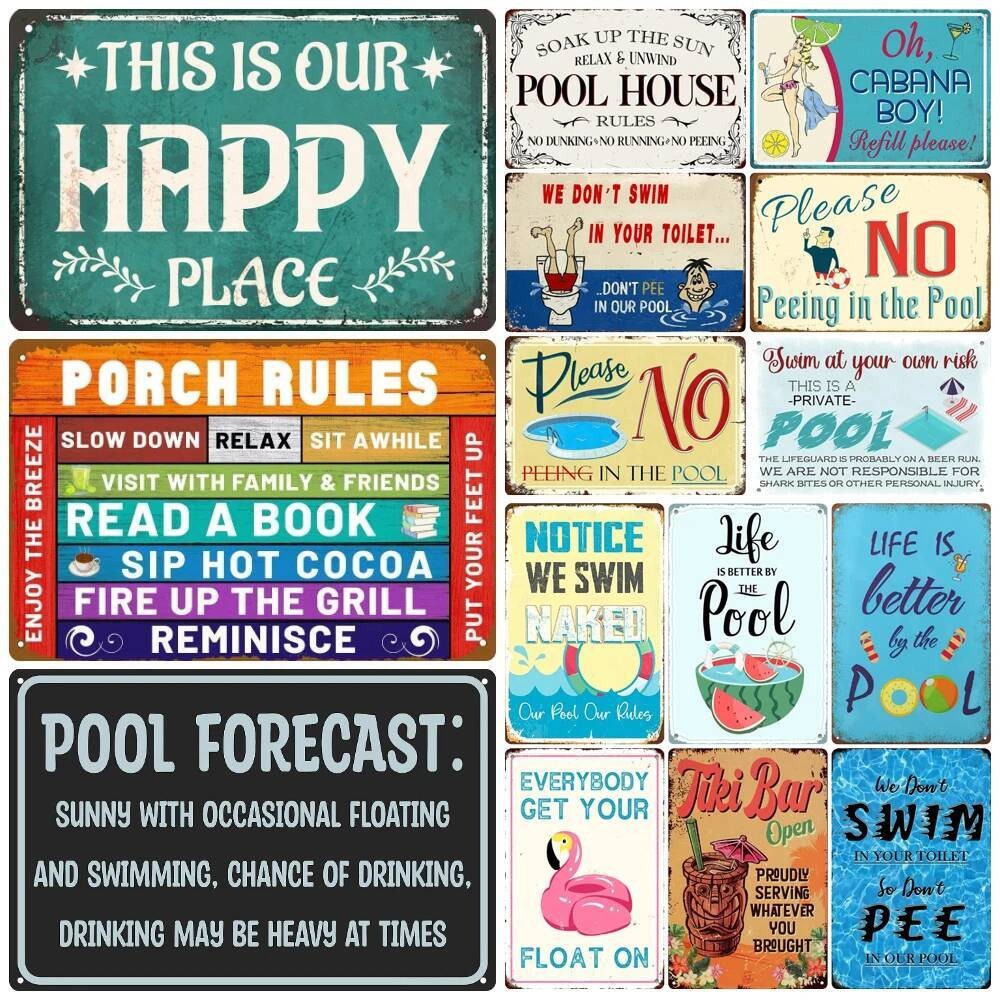 Retro Pool Rules Metal Sign Tin, Vintage Summer Swim Happy Place Plates ...