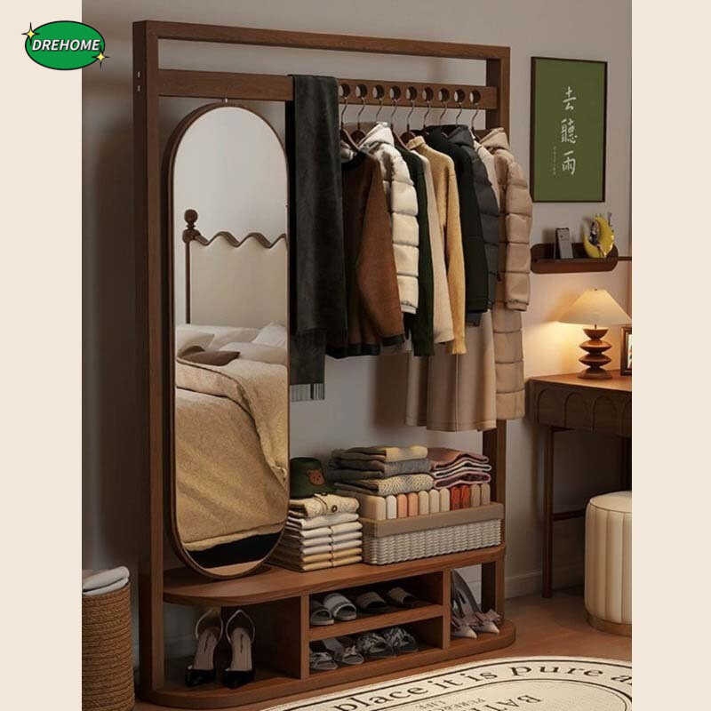 DRE Solid Wood Floor-Standing Coat Rack With Mirror Bedroom Rotating ...