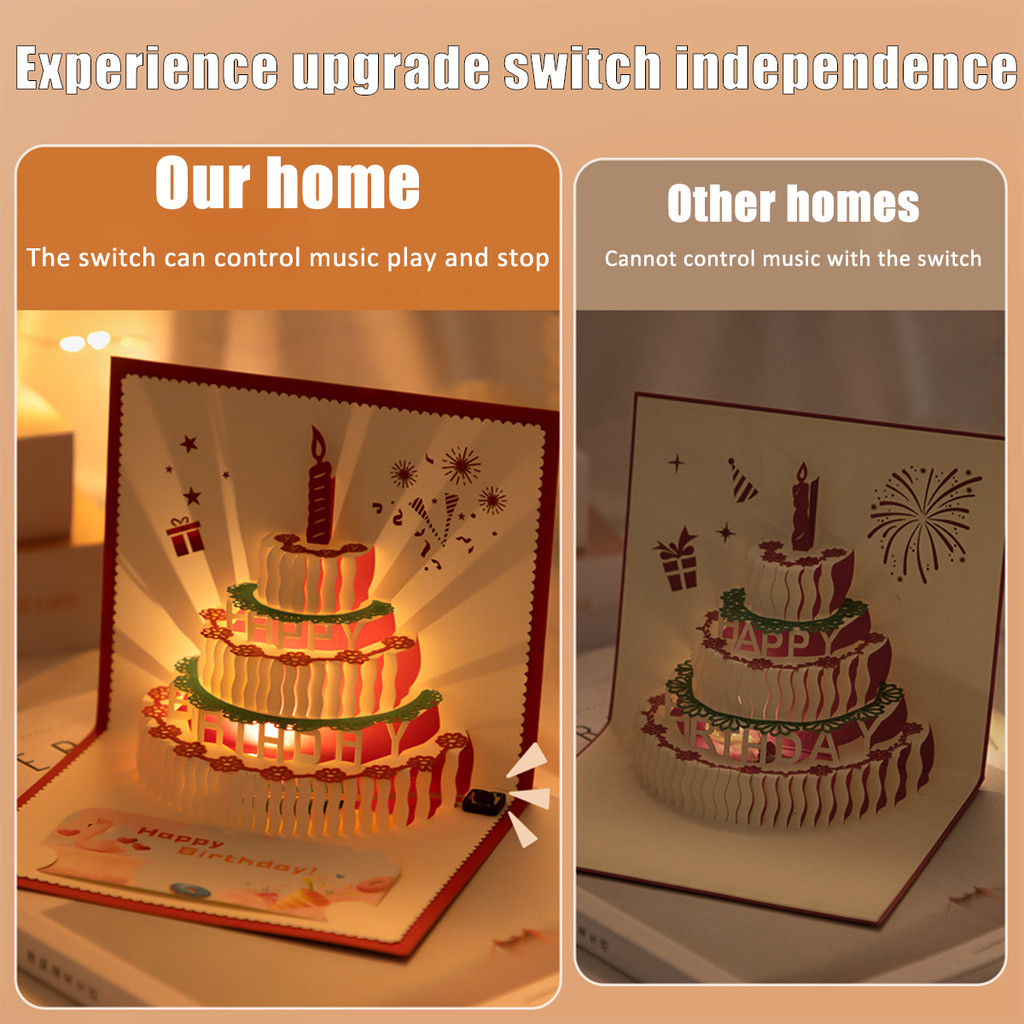Music Birthday Card Pop Up 3D Cake Musical Light Greeting Card Creative ...