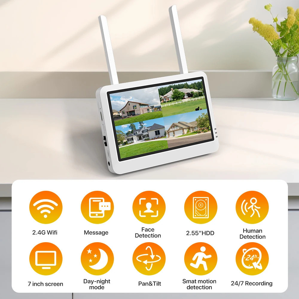 7-inch Screen 6MP/8CH Wireless NVR Recorder Security Camera WIFI System ...