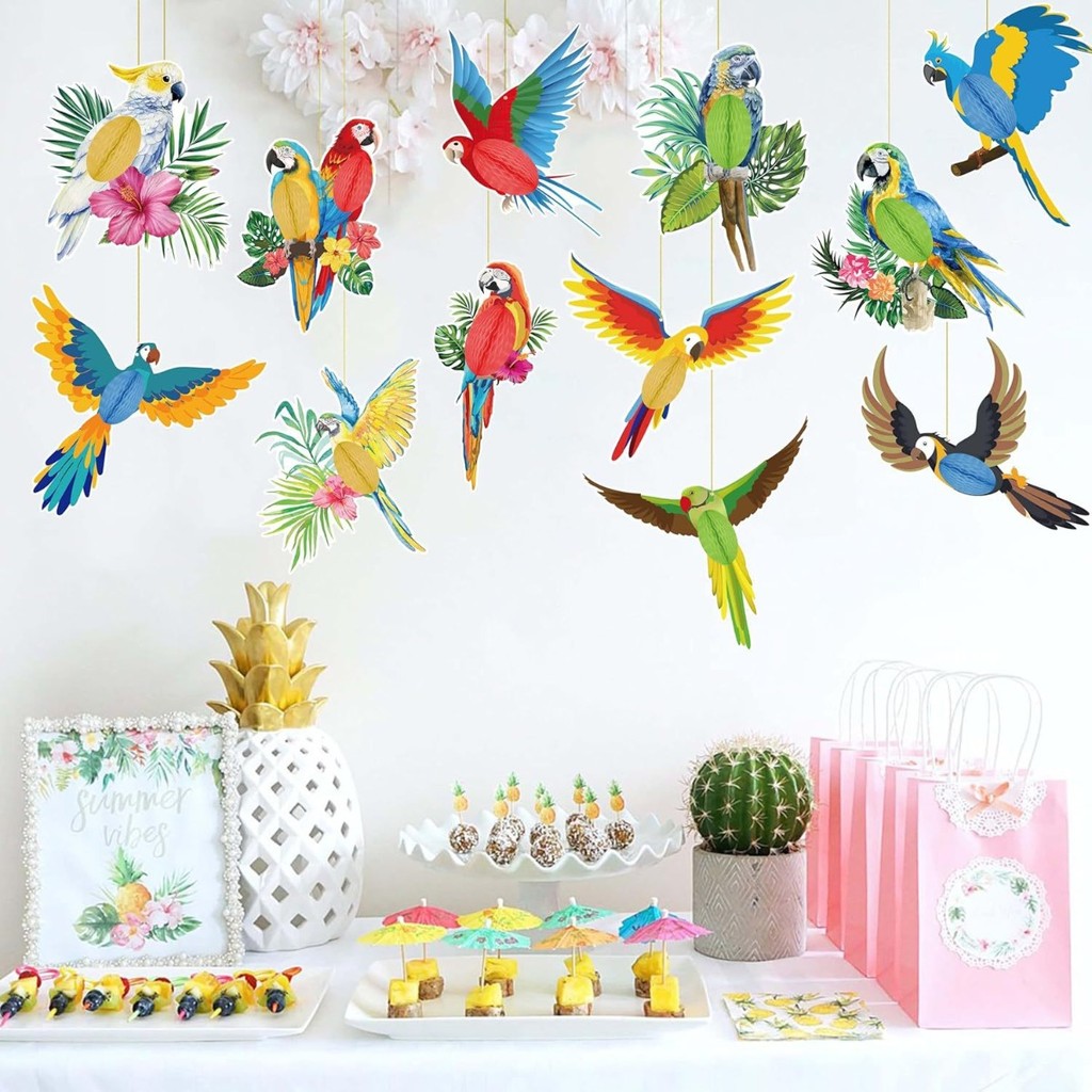 12Pcs/set Wooden Flat Tropical Bird Parrots Hawaiian Theme Tropical ...