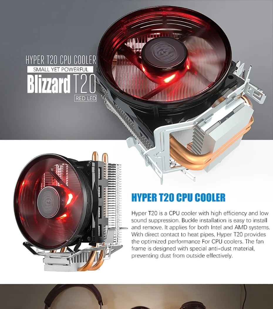 Cooler Master T20 CPU Cooler 3Pin Quiet Cooling LED Fan 2 Heat Pipe ...