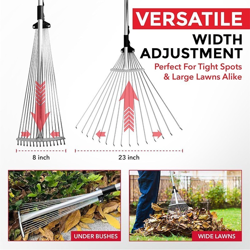 Stainless Steel Retractable Garden Rake Adjustable Lawn Grass Rake ...