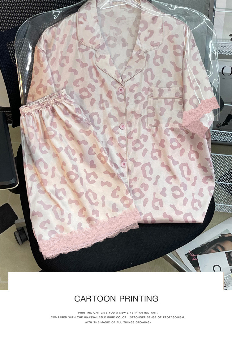 [40-75kg] Leopard Print Pajamas Set Women Ice Silk Casual Short-Sleeved ...