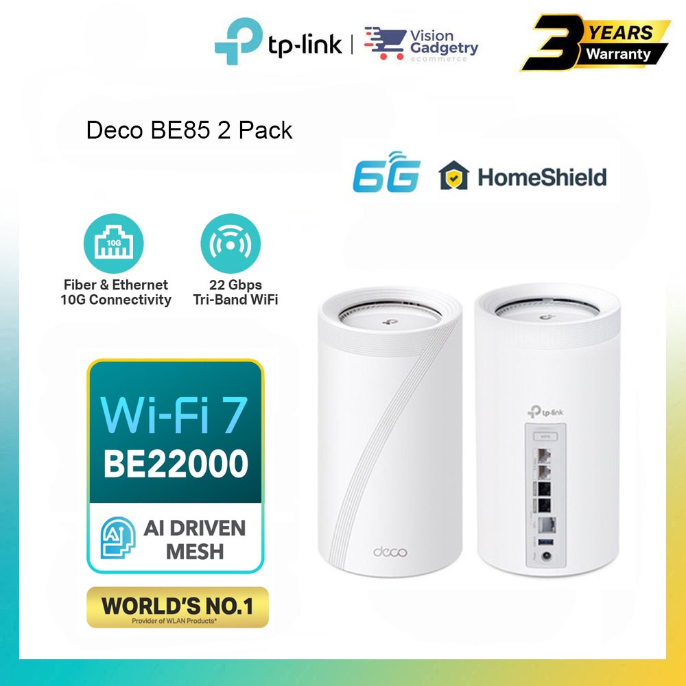TP-Link Tri-Band WiFi 7 BE22000 Whole Home Mesh System (Deco BE85), 12-Stream 22 Gbps, 2× 10G + 2× 2.5G Ports Wired Backhaul, 8× High-Gain  Antennas
