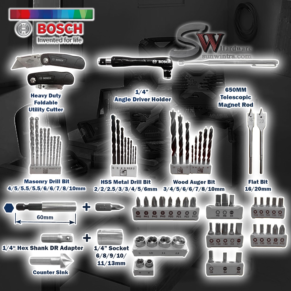 COMBO BOSCH GSR185 18V CORDLESS DRILL/DRIVER,68PCS V-LINE SET,**SOLO or ...