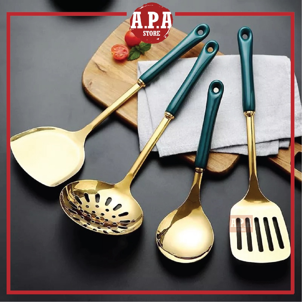 APA Gold Cutlery Set Stainless Steel Wood Spatula Ladle Soup Turner