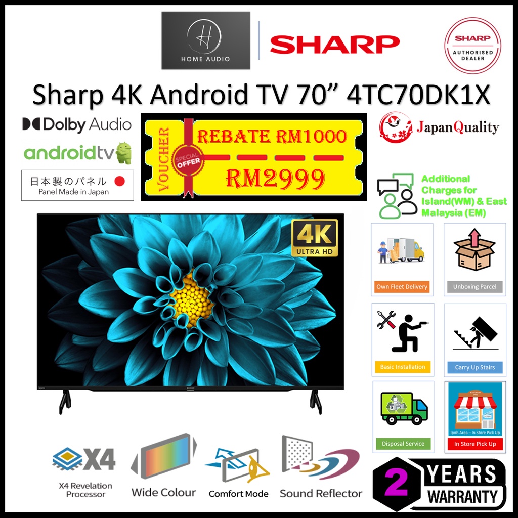 Sharp 70 Inch 4K HDR Android TV LED TV 4TC70DK1X / 4TC70DL1X Shopee