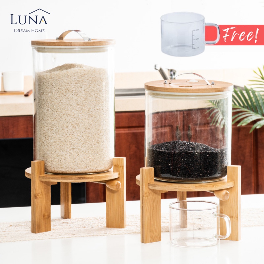 LUNA [Rice Grains Dispenser] 5L Air Tight bekas beras dapur Glass ...