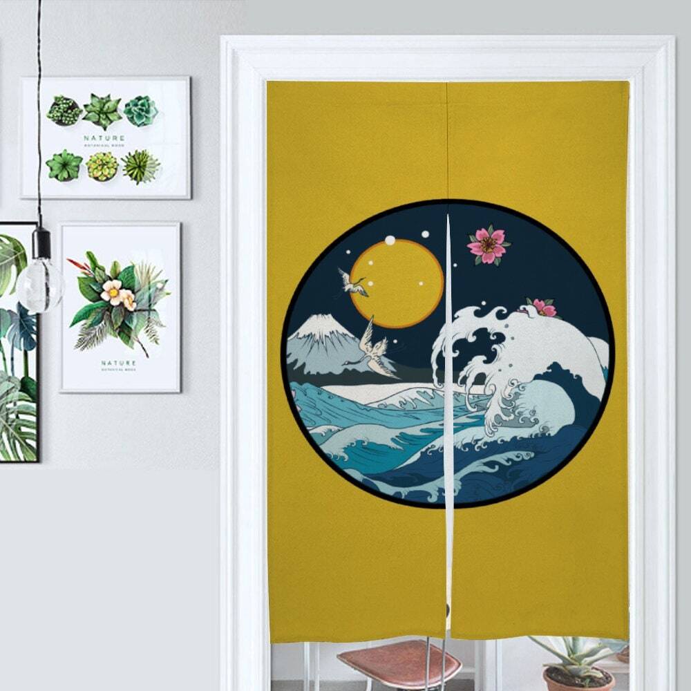 Japanese noren curtain traditional japanese curtains, mount fuji, japanese crane, the great wave