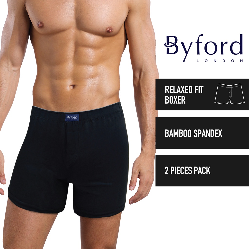 (2 Pcs) Byford Mens Bamboo Spandex Boxer Underwear Assorted Colours ...