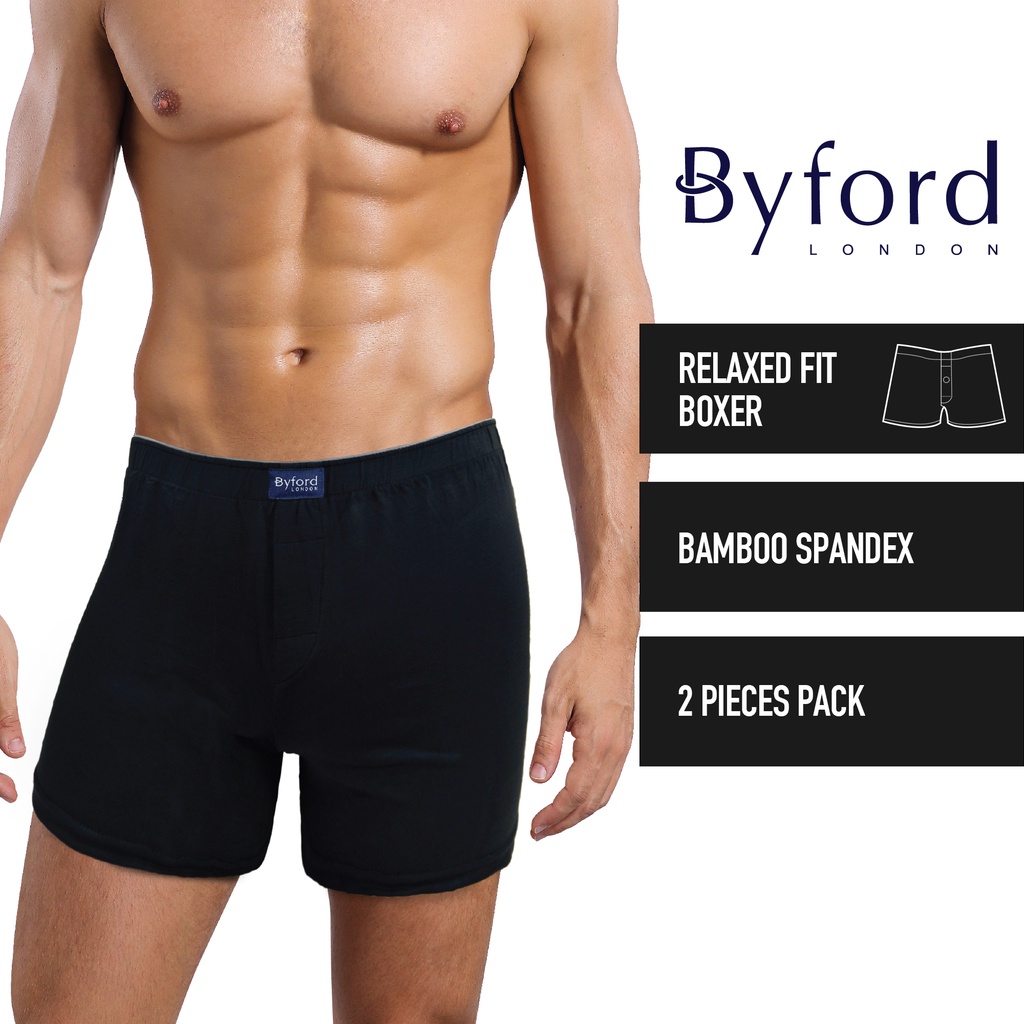 (2 Pcs) Byford Mens Bamboo Spandex Boxer Underwear Assorted Colours