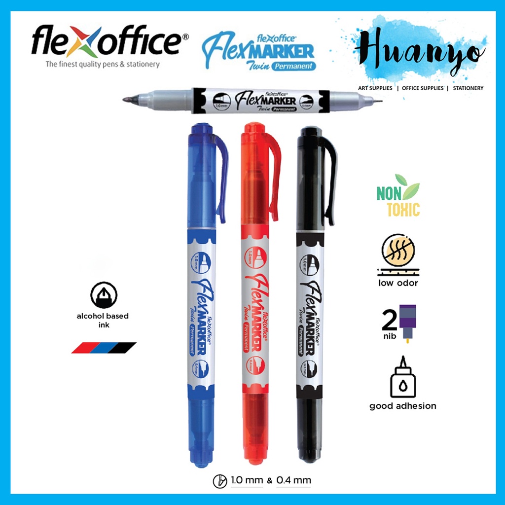 FlexOffice FlexMarker Twin Tip Permanent Marker Per PCS (Blue/Black/Red ...