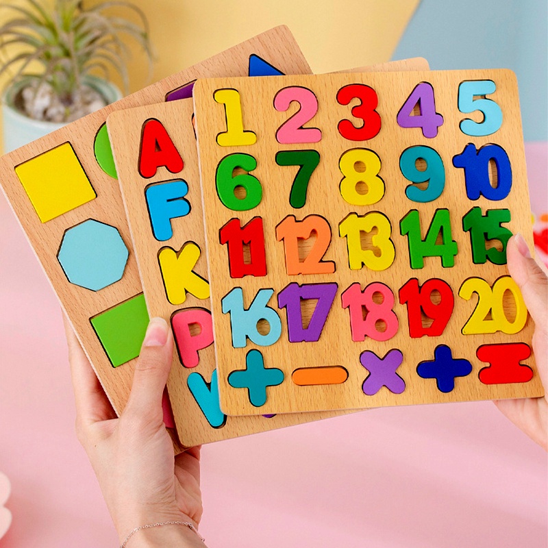 Wooden Jigsaw Puzzle Blocks Alphabets Number Letter Shape Matching ...